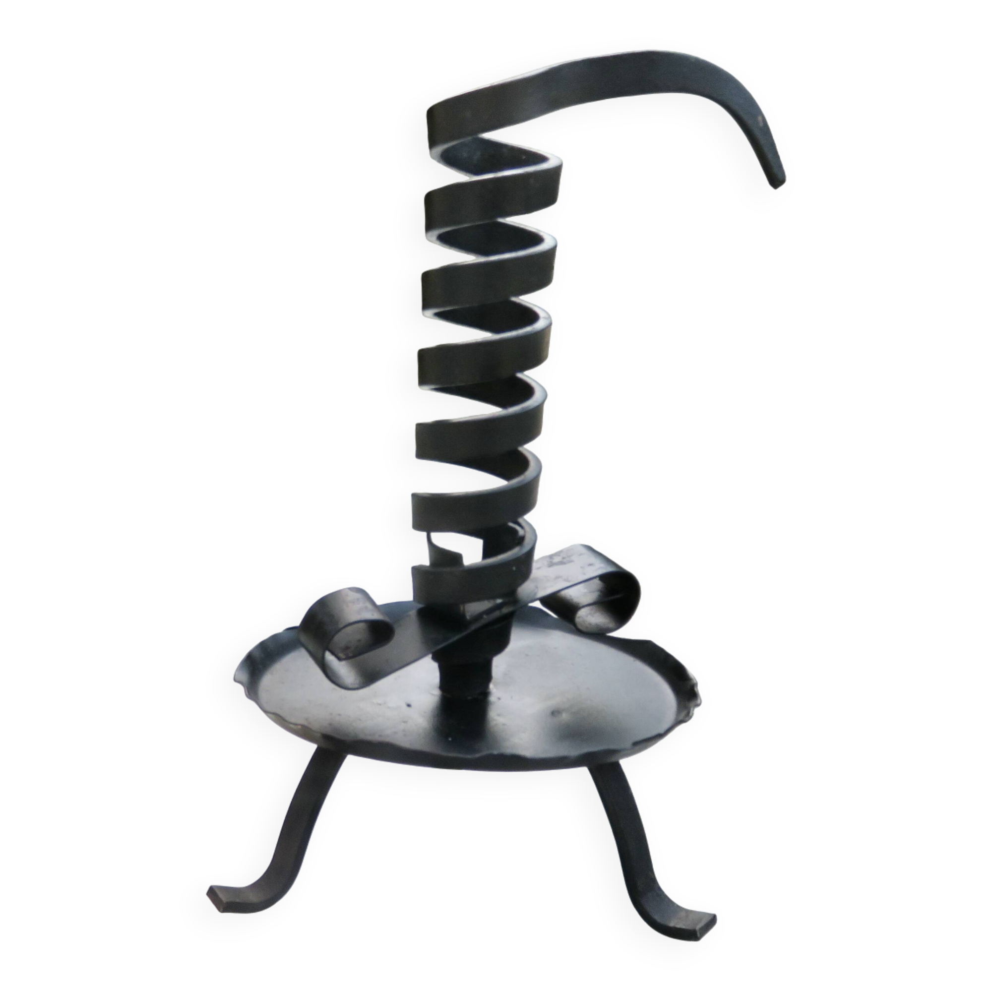 Medieval candlestick, blackened wrought and hammered iron, very good condition