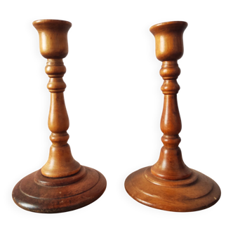 Pair of vintage turned wooden candlesticks