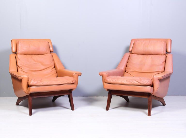 Leather and rosewood chairs and Ottoman by Werner Langenfled Denmark 1960s