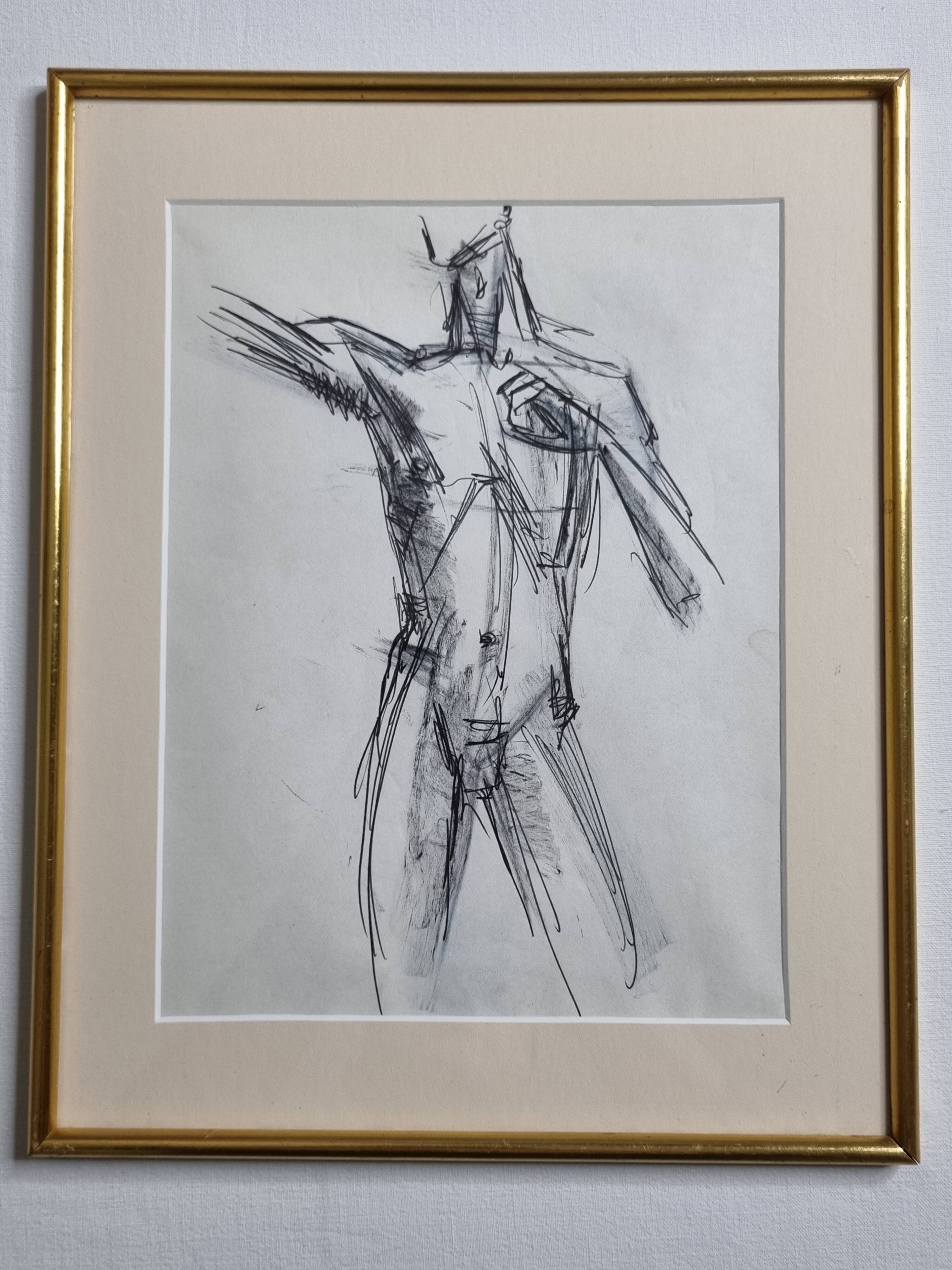 Charcoal study of a male nude, attributed to Maurice de Bus, gilded frame, 26 x 32 cm