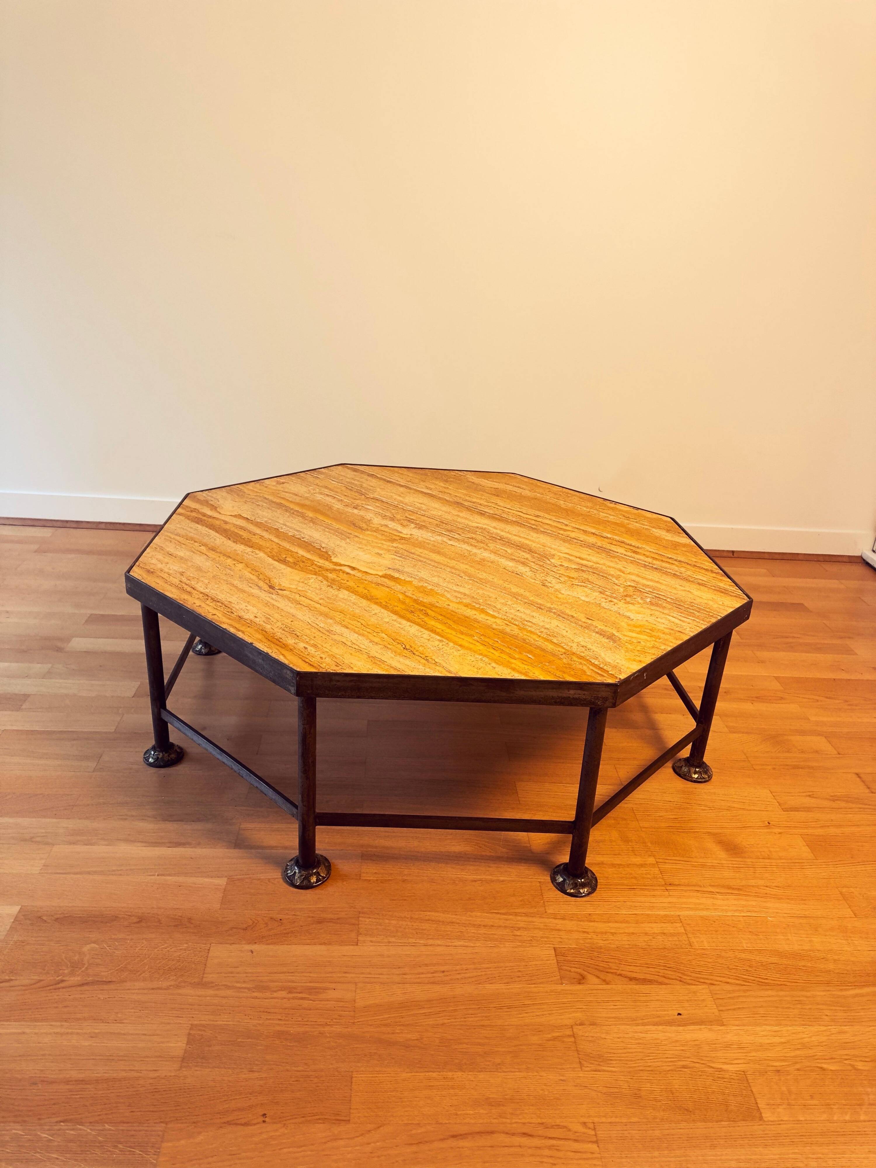French Octagonal Travertine Coffee Table in the Style of Maison Jansen, 1960s