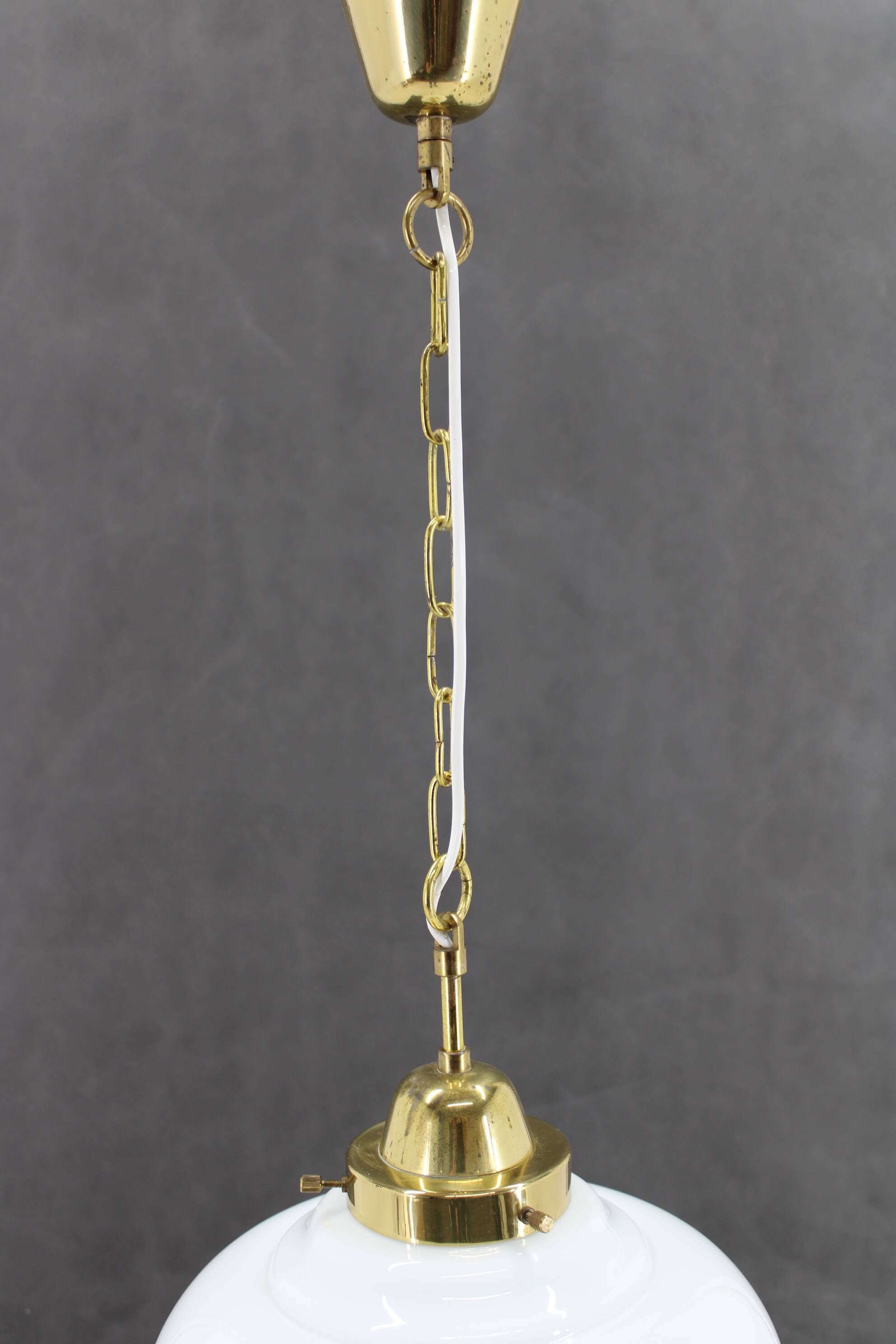 1970s Glass Pendant Light with Brass Chain , Czechoslovakia
