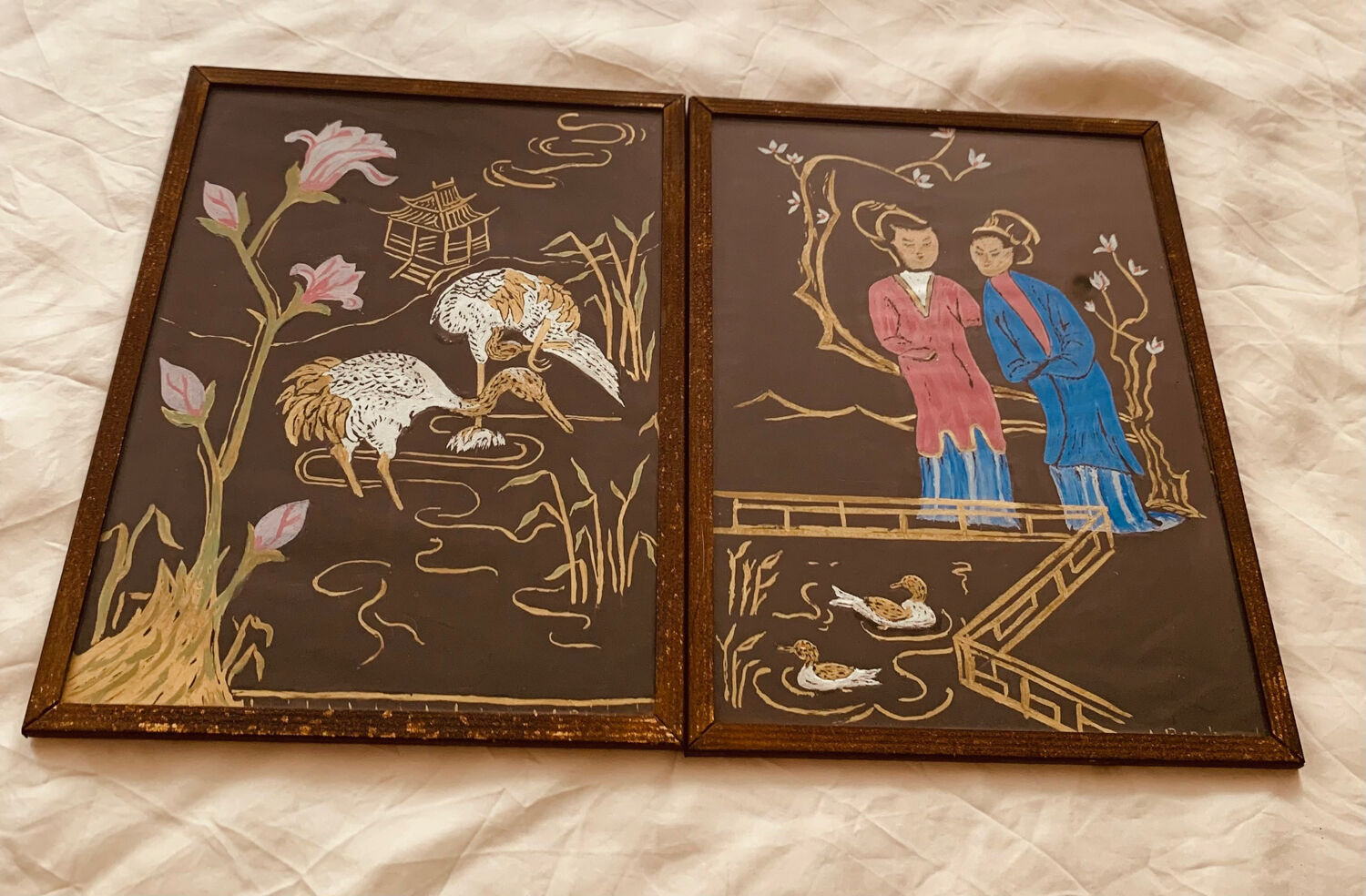 Pair of old China vintage bird painting paintings