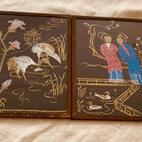 Pair of old China vintage bird painting paintings