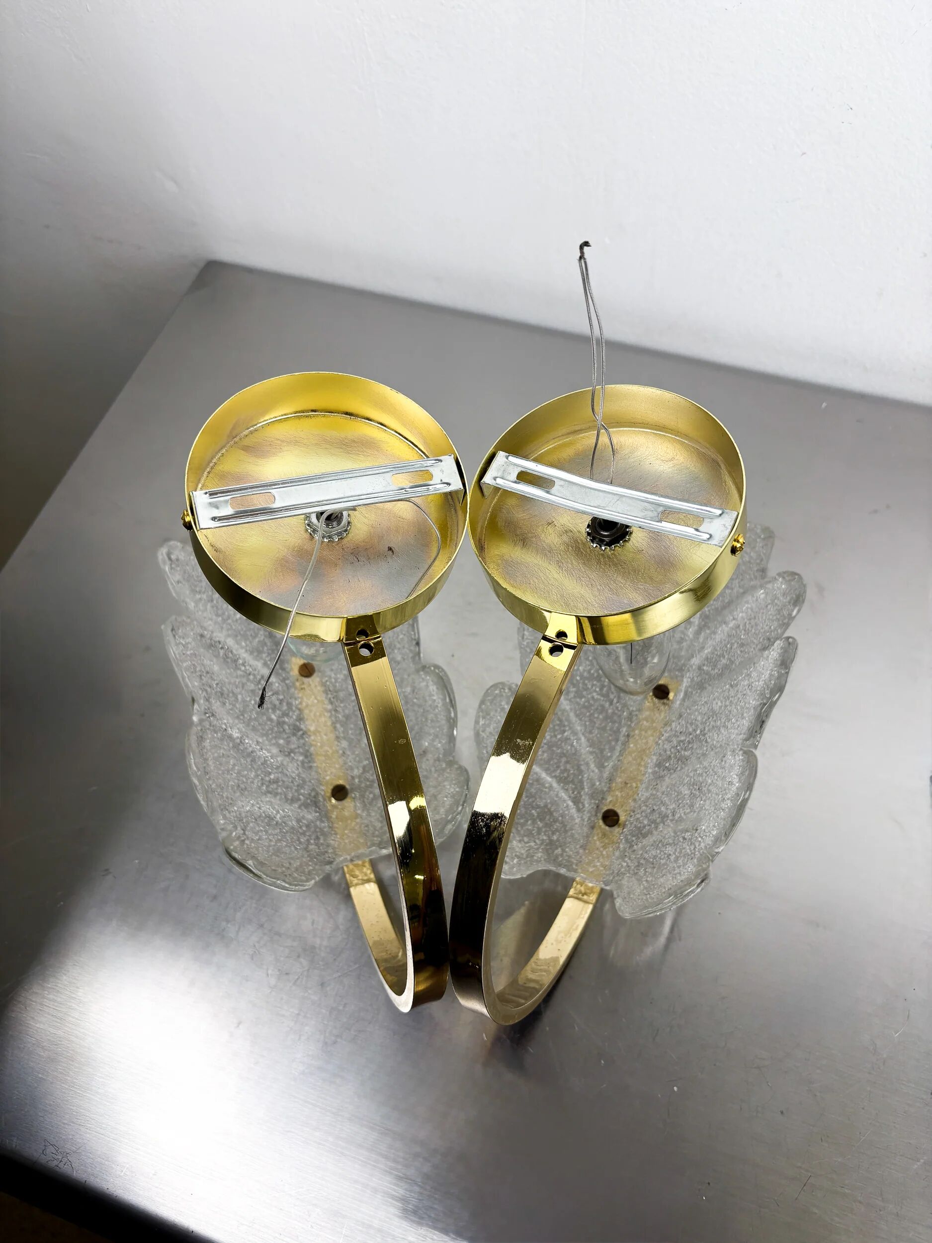 Pair of Murano frosted leaf sconces, textured glass & gilt brass, Italy, 1970