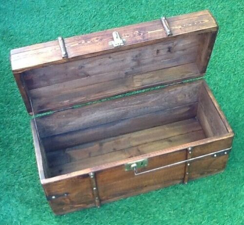 Antique travel chest Wood studded / wrapped in leather Brass lock with key (functional)