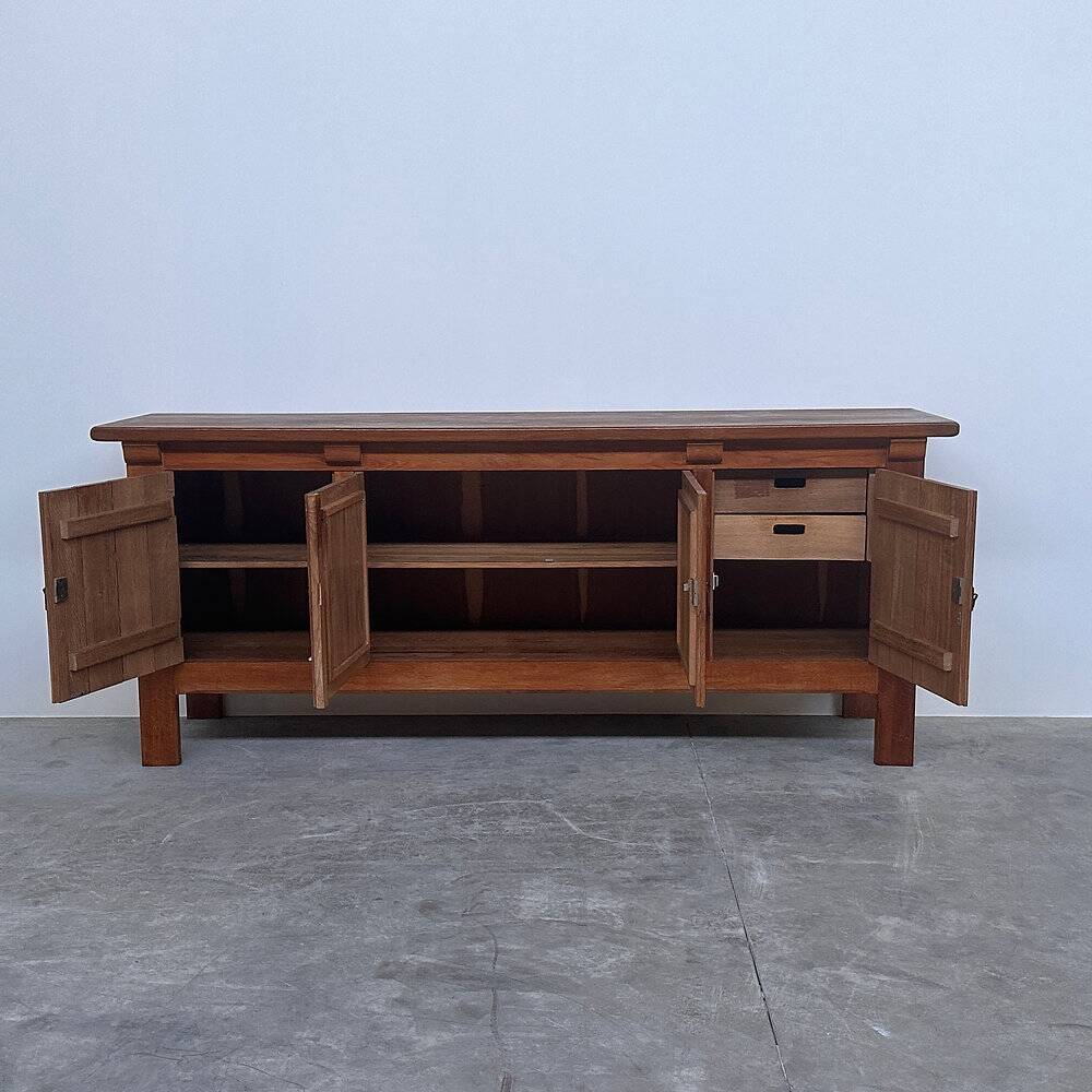 Brutalist solid oak sideboard with hand-forged iron hardware, Belgium, 1970s