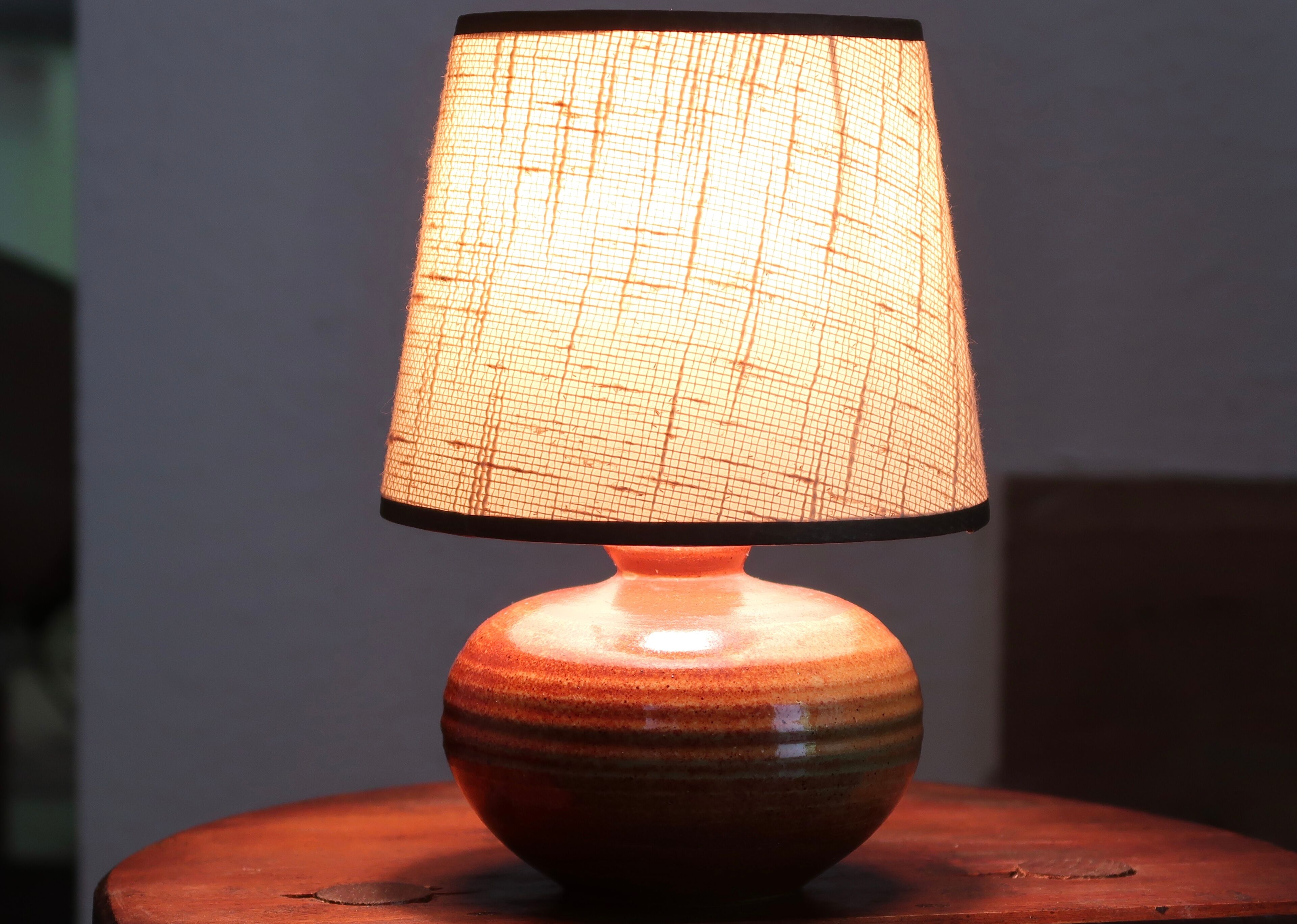 Signed sandstone lamp, beige lampshade, 70s