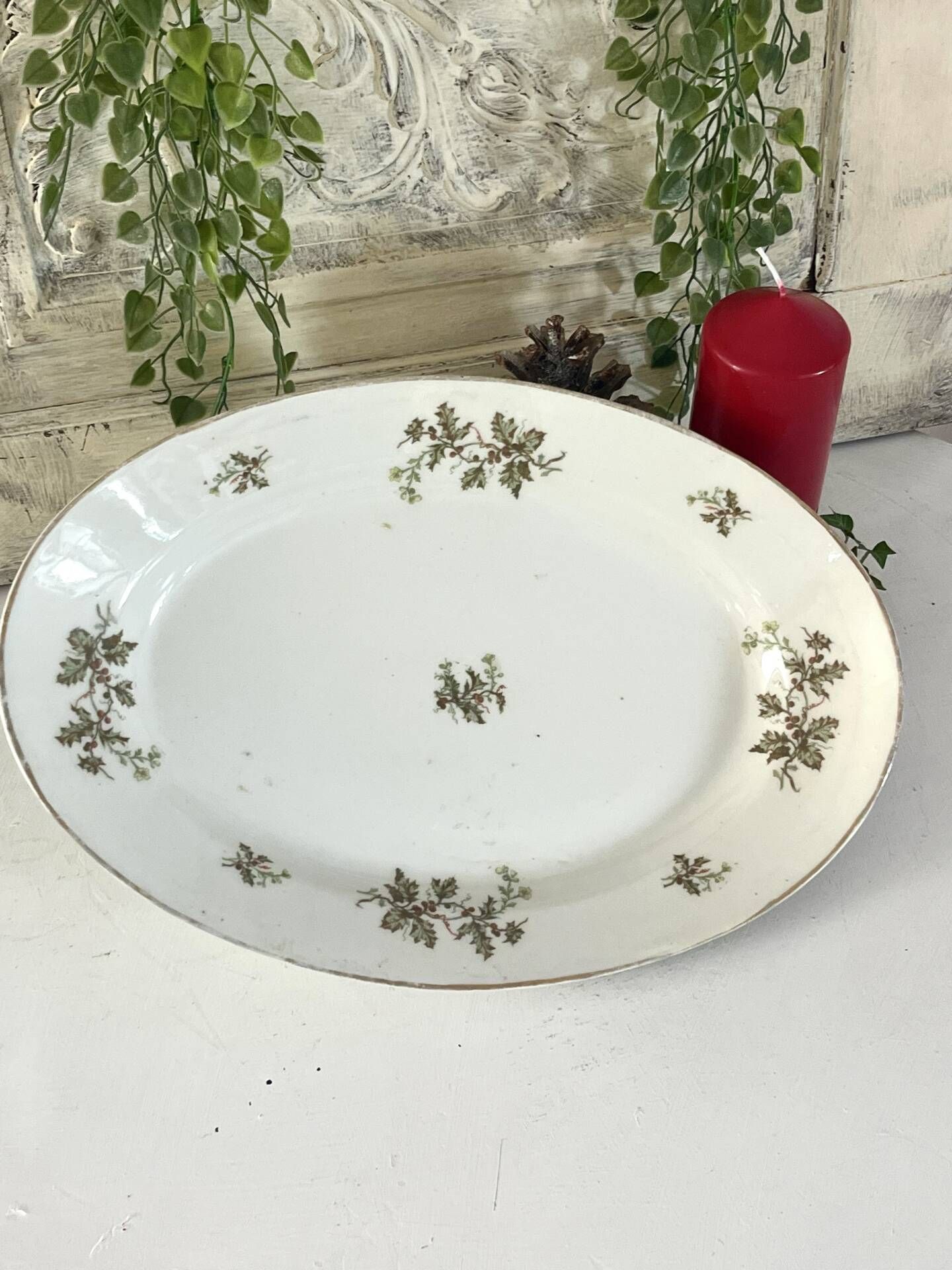 Vintage French Holly Deep Platter, Christmas Serving Dish, Large Oval