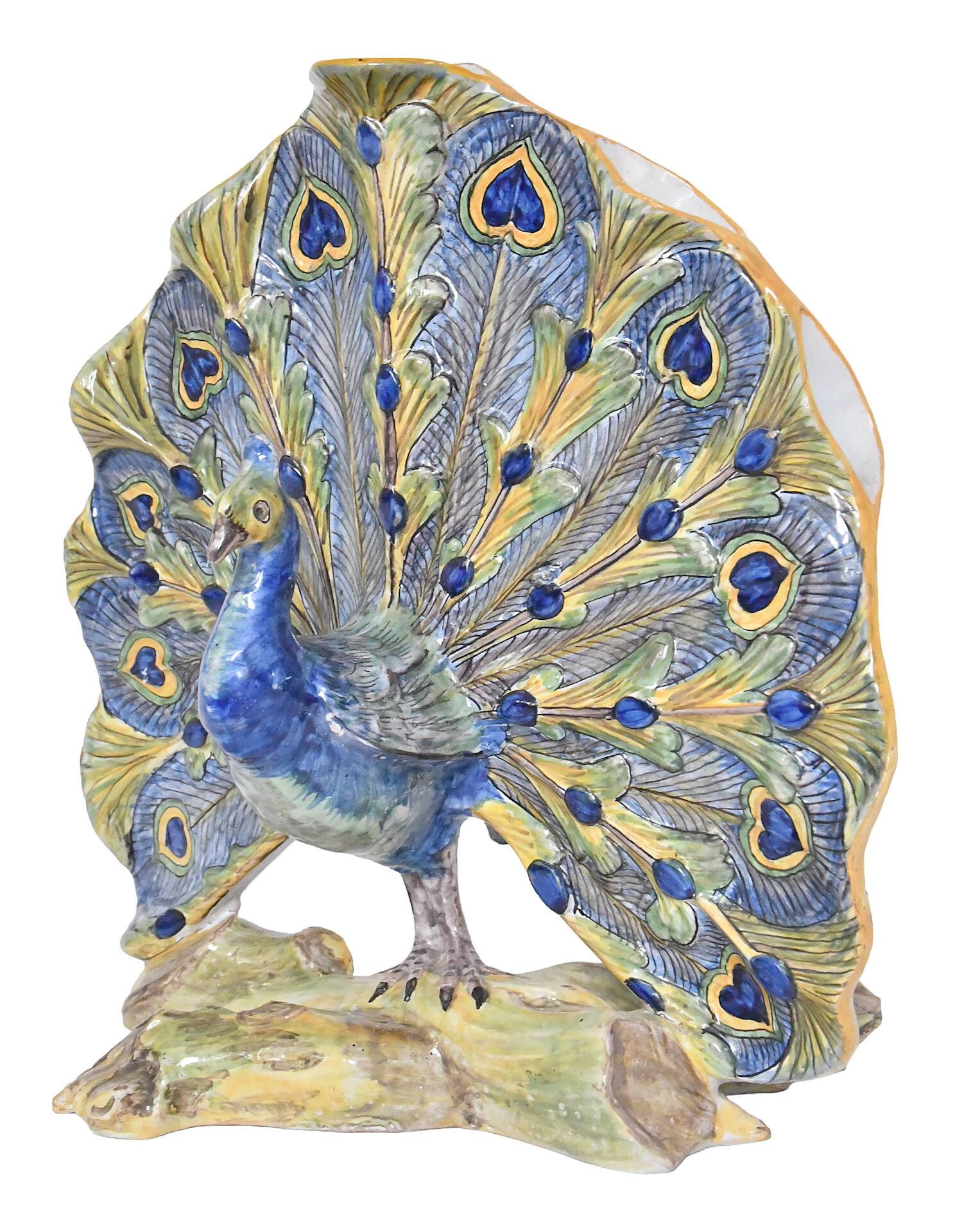 Faience bouquet holder from Desvres in the shape of a peacock.