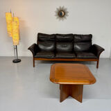 Vintage black leather Dreipunkt Scala design 3-seater sofa in teak.