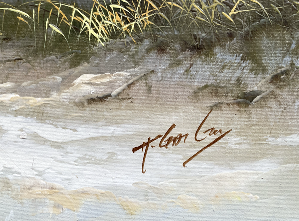 Paysage marin barque dunes de Sauveterre, Vendée - signature à identifier, XXe