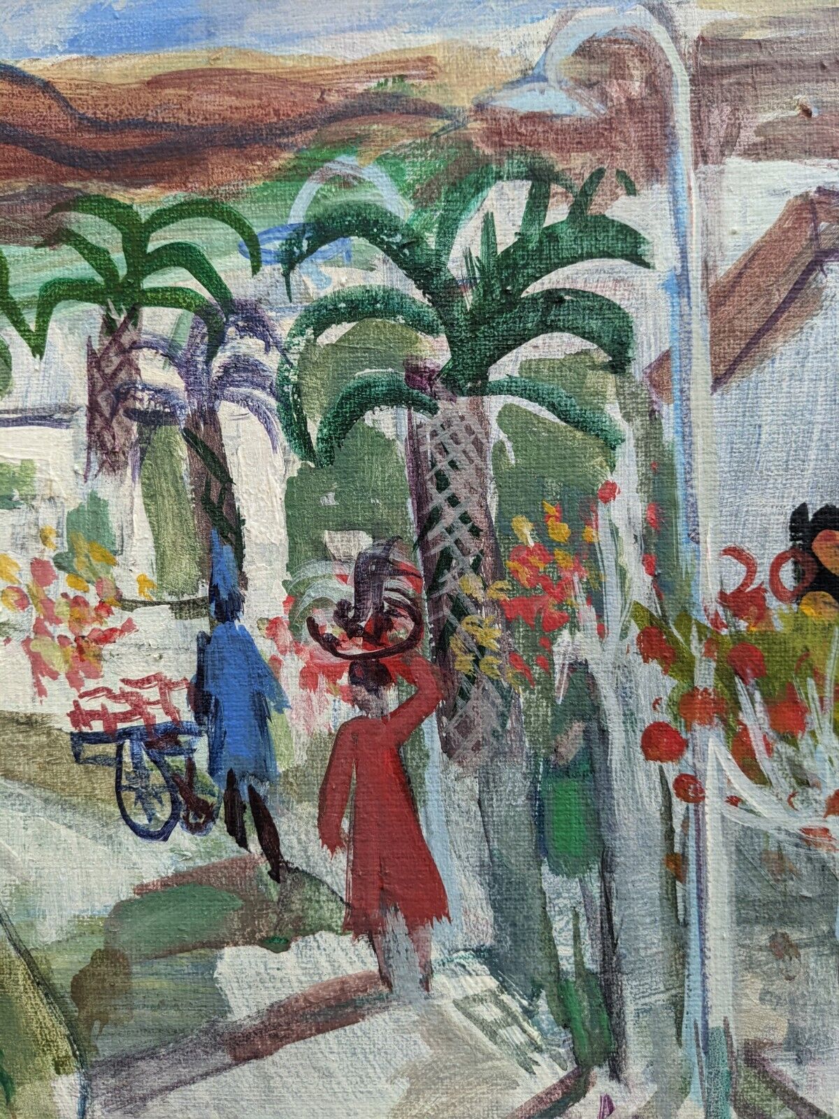 Tableau ancien « shophouses » scène de rue paysage peinture à l’huile, encadré