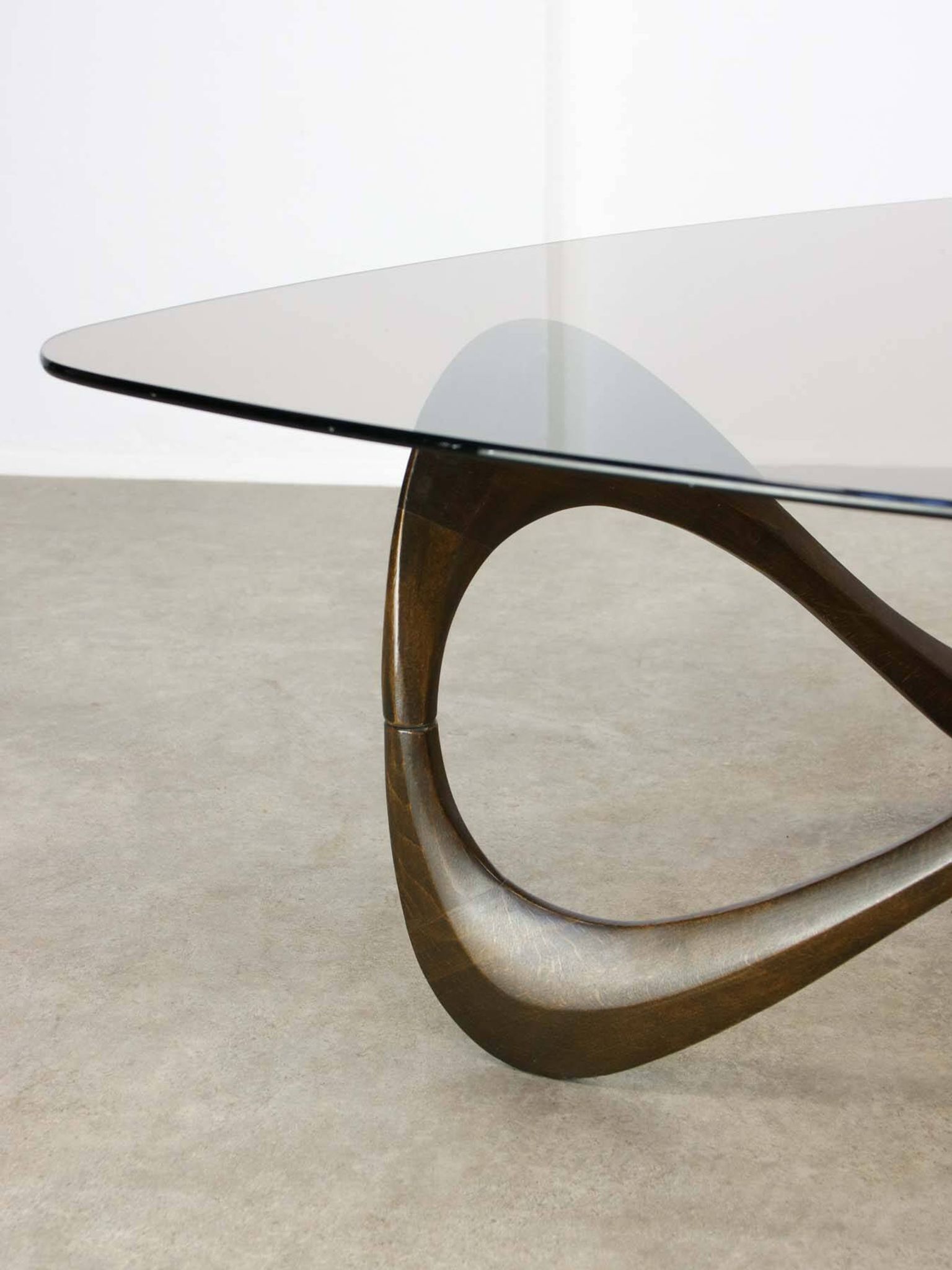 Italian Organic "Snake" Wooden and Smoked Glass Coffee Table, 1960s
