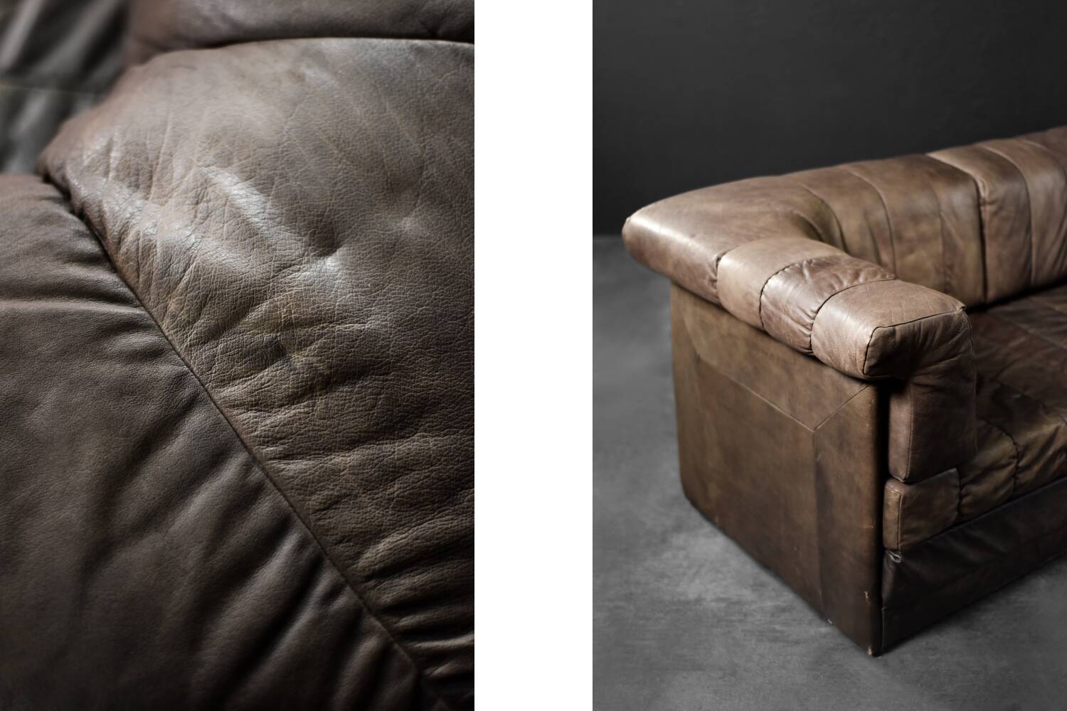 Vintage Mid-Century Modern German Brutalist 2-Seater Brown Leather Bed Sofa