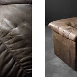 Vintage Mid-Century Modern German Brutalist 2-Seater Brown Leather Bed Sofa