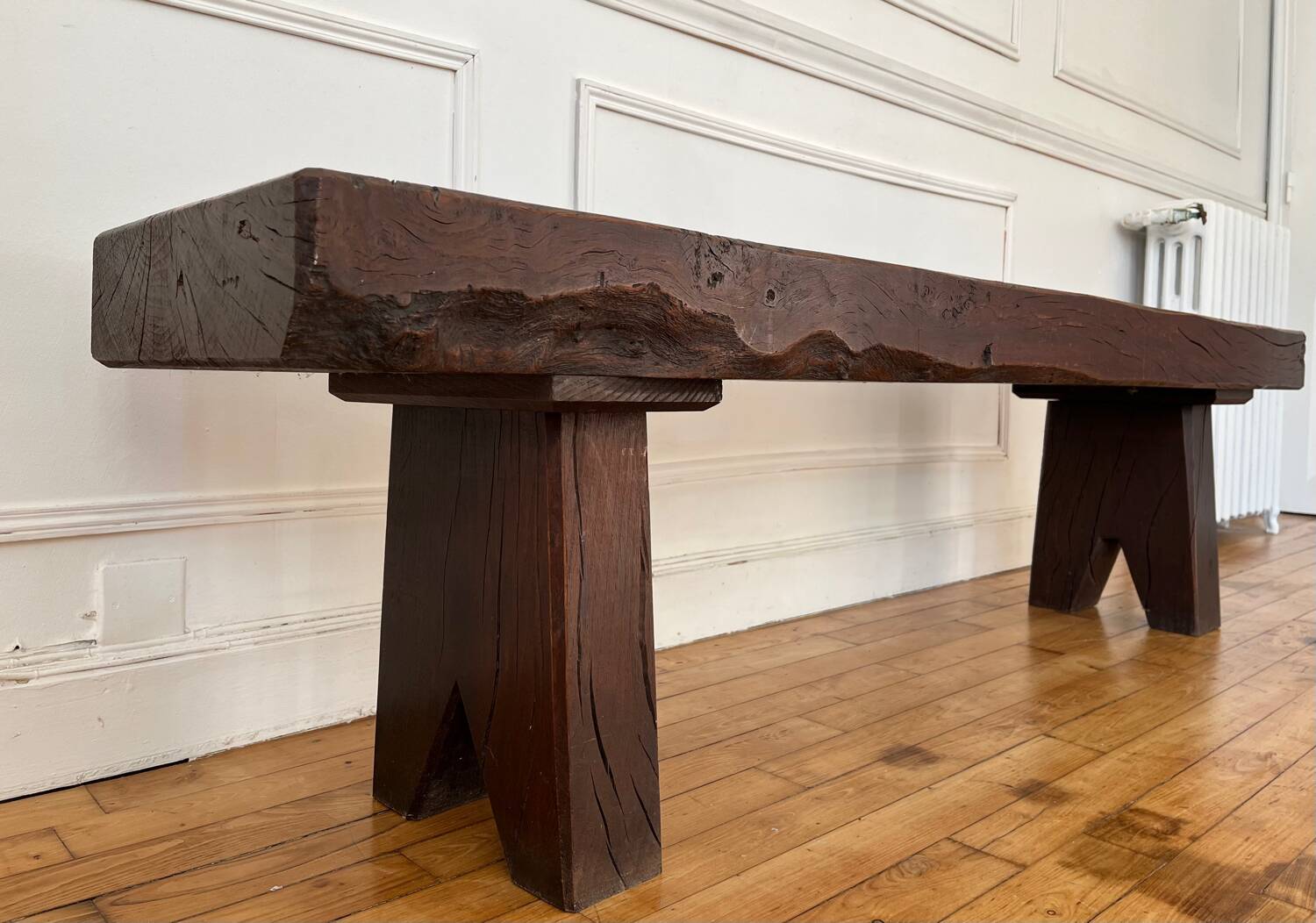 Brutalist Folk Art Bench Solid Oak