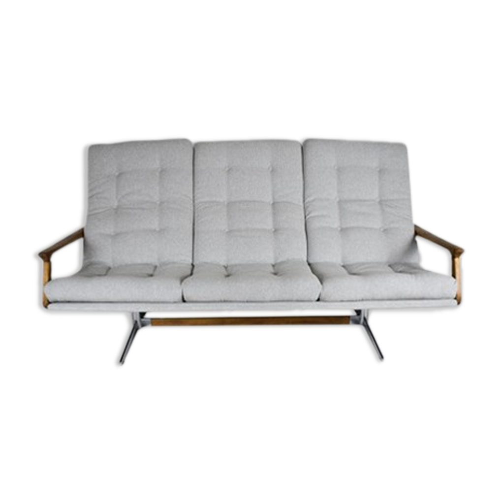 Canapé scandinave 3 places en tissu vert de gris et bois clair FJORD