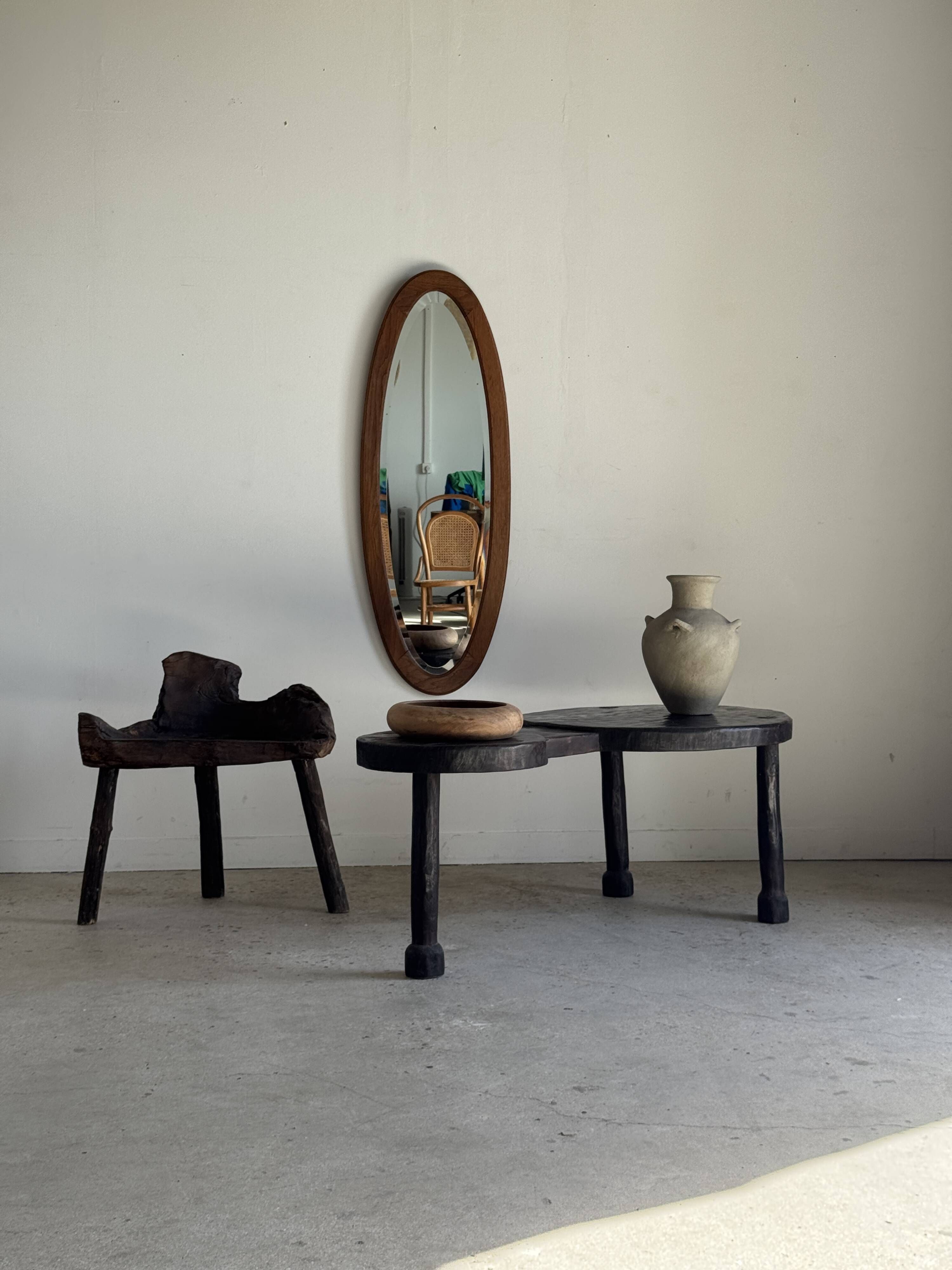 Vintage oval mirror in oak with bevelled glass H120 W43 D2