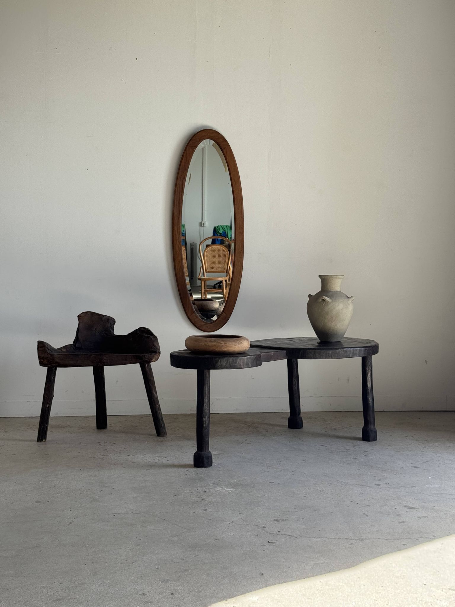 Miroir ovale vintage en chêne à glace biseautée H120 l43 P2