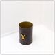 Brown leather wastepaper basket with decorative gold metal buckle.