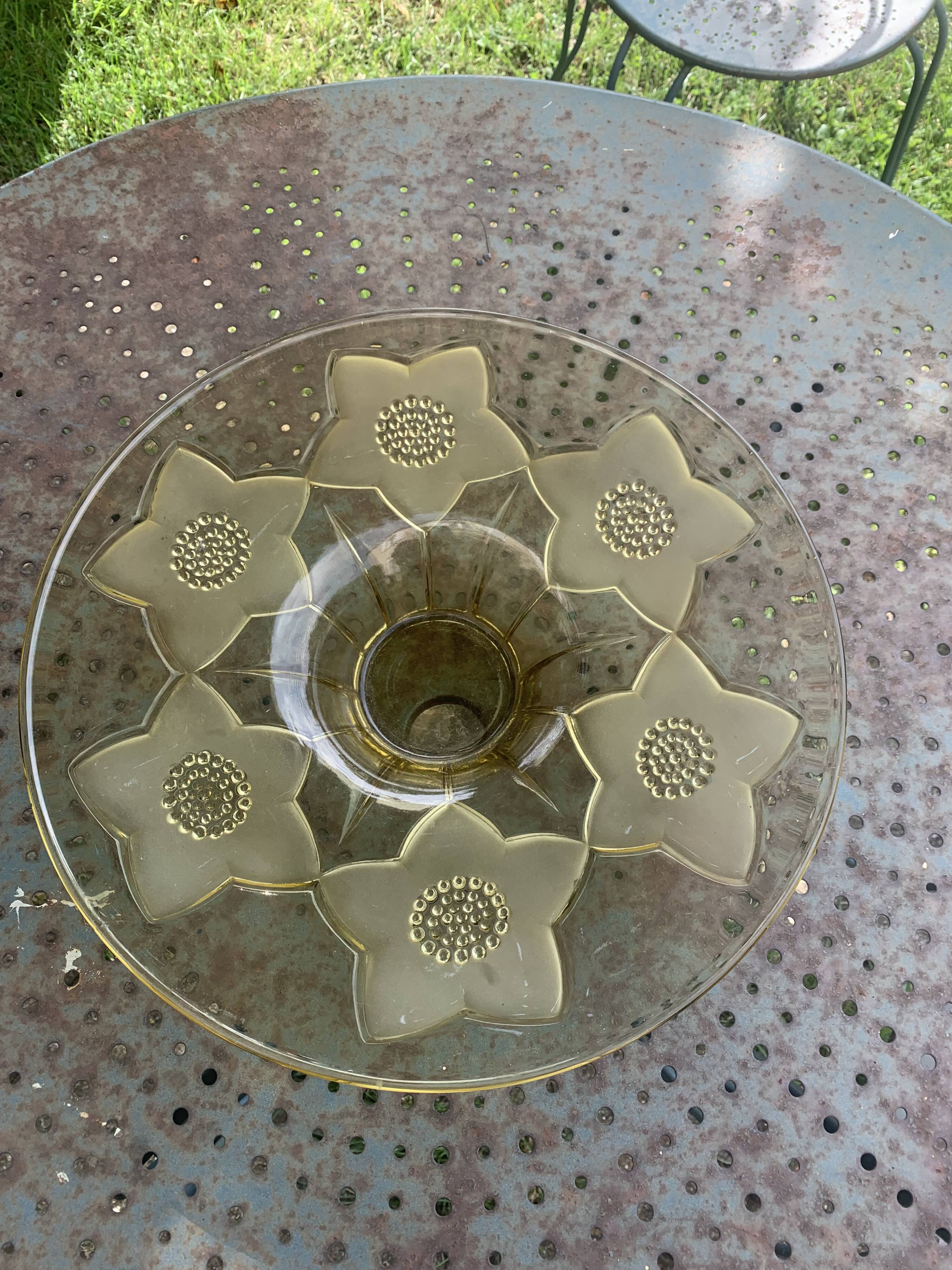 Large glass and frosted glass fruit bowl, yellow, floral pattern