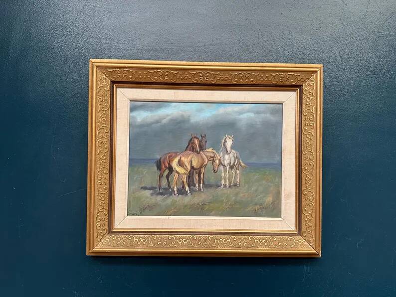 Original Swedish Oil on Canvas – “Horses” – Signed – Vintage & Framed – 59.5 × 49.5 cm