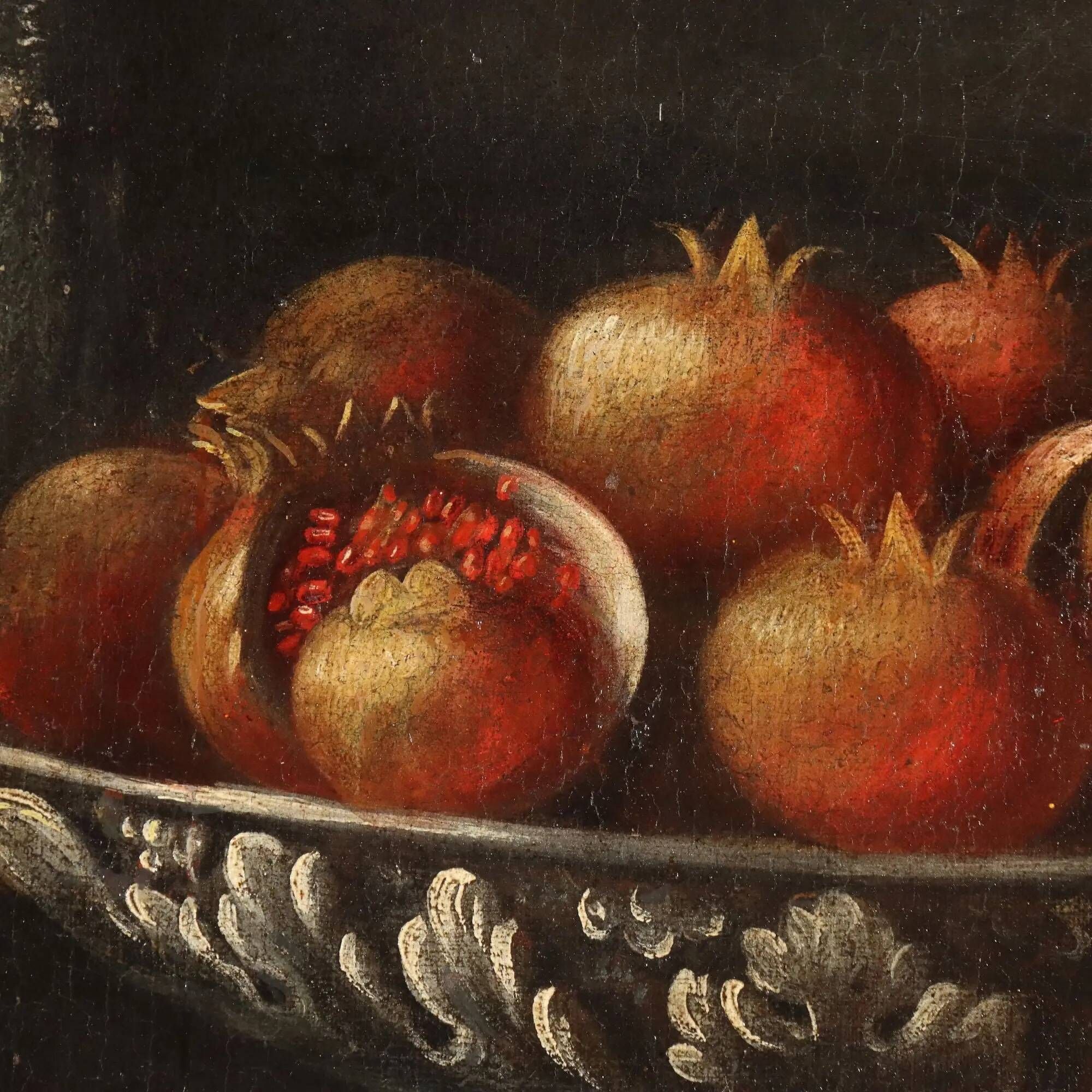 Old painting of still life with fish and snails, oil on canvas from the 1600s.