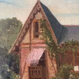 19th century French oil painting, a house and its garden, 1874