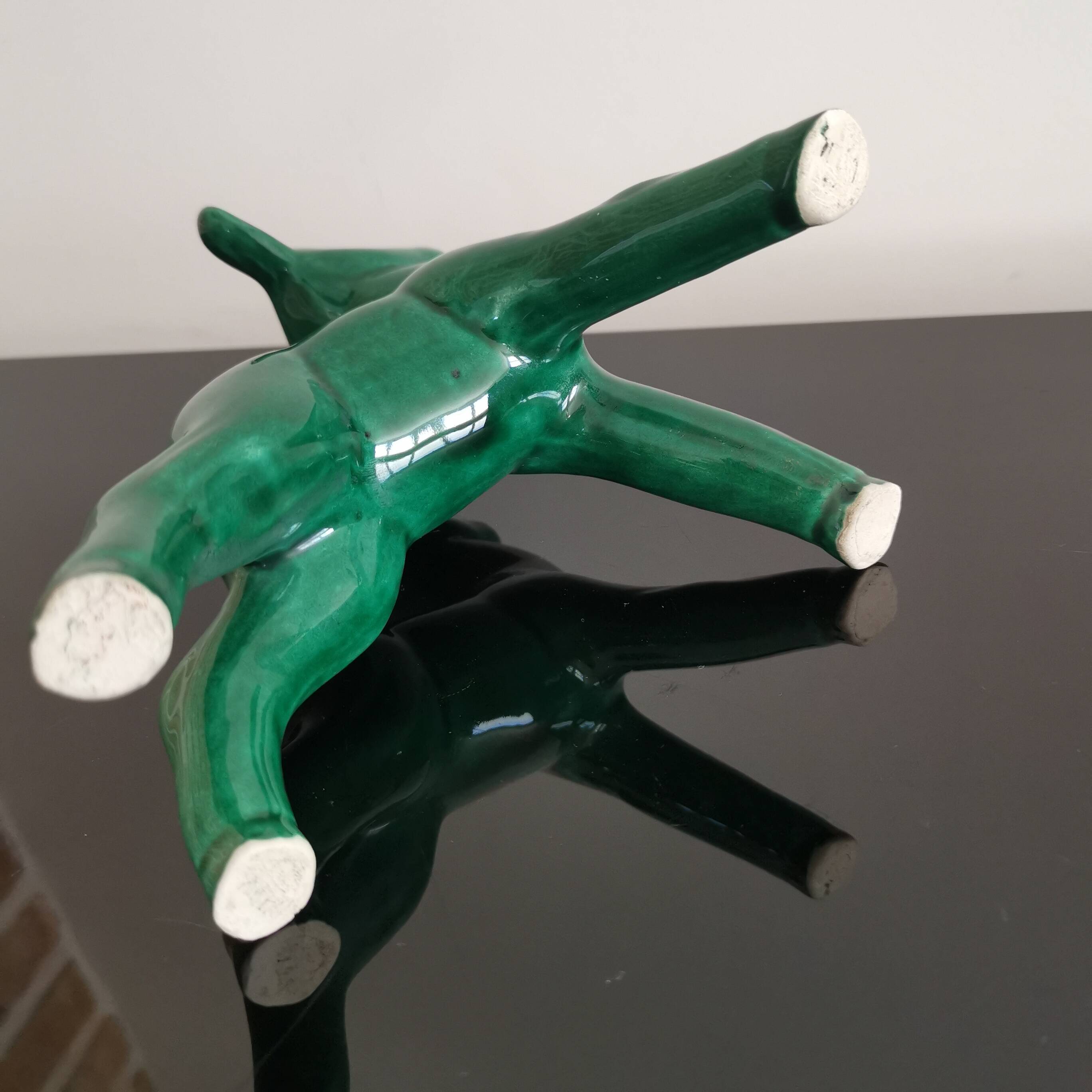 Vintage art deco green earthenware doe from the 60s