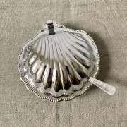 Metal shell butter dish with glass bowl and knife