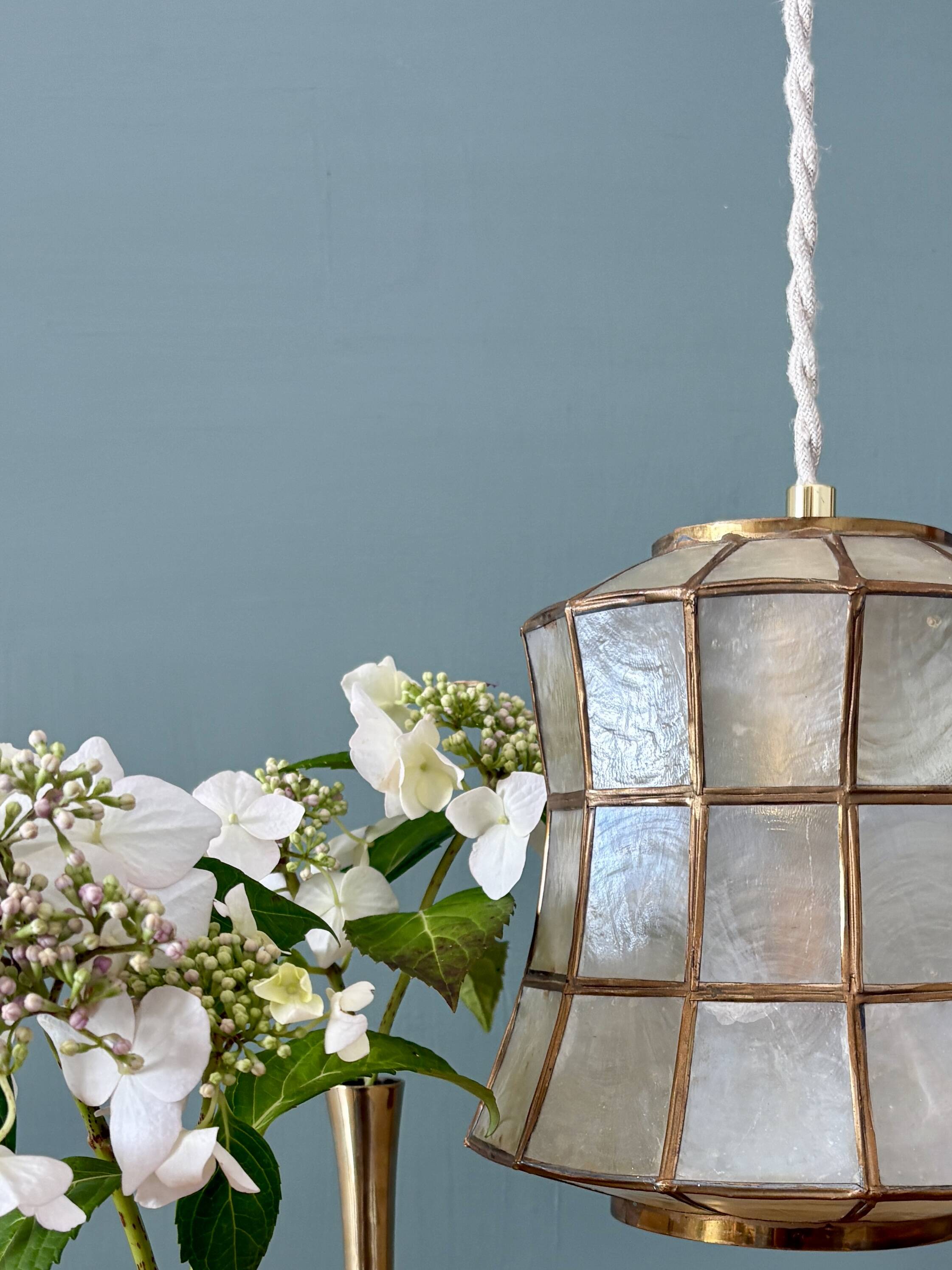 Vintage mother-of-pearl and brass lampshade pendant light