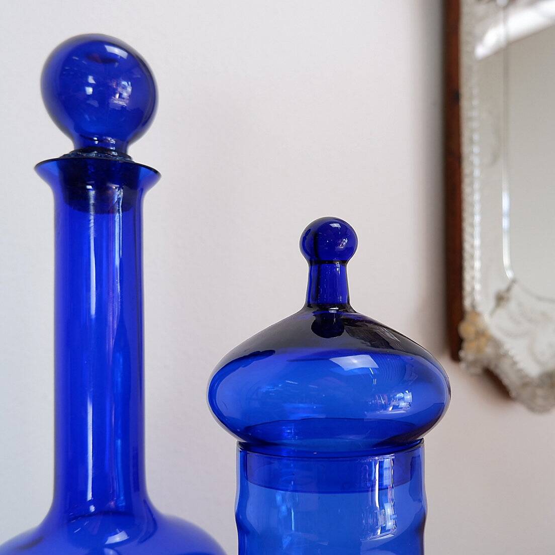 Blue glass carafe and candy box