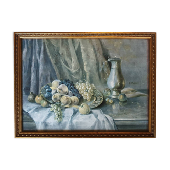 Still life painting of the pitcher and the fruit platter signed E Moller