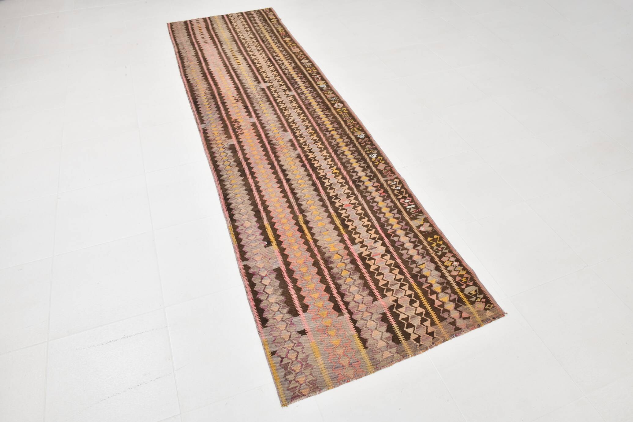 3x10 Pink & Brown Tribal Kilim Runner Rug, 88x313Cm
