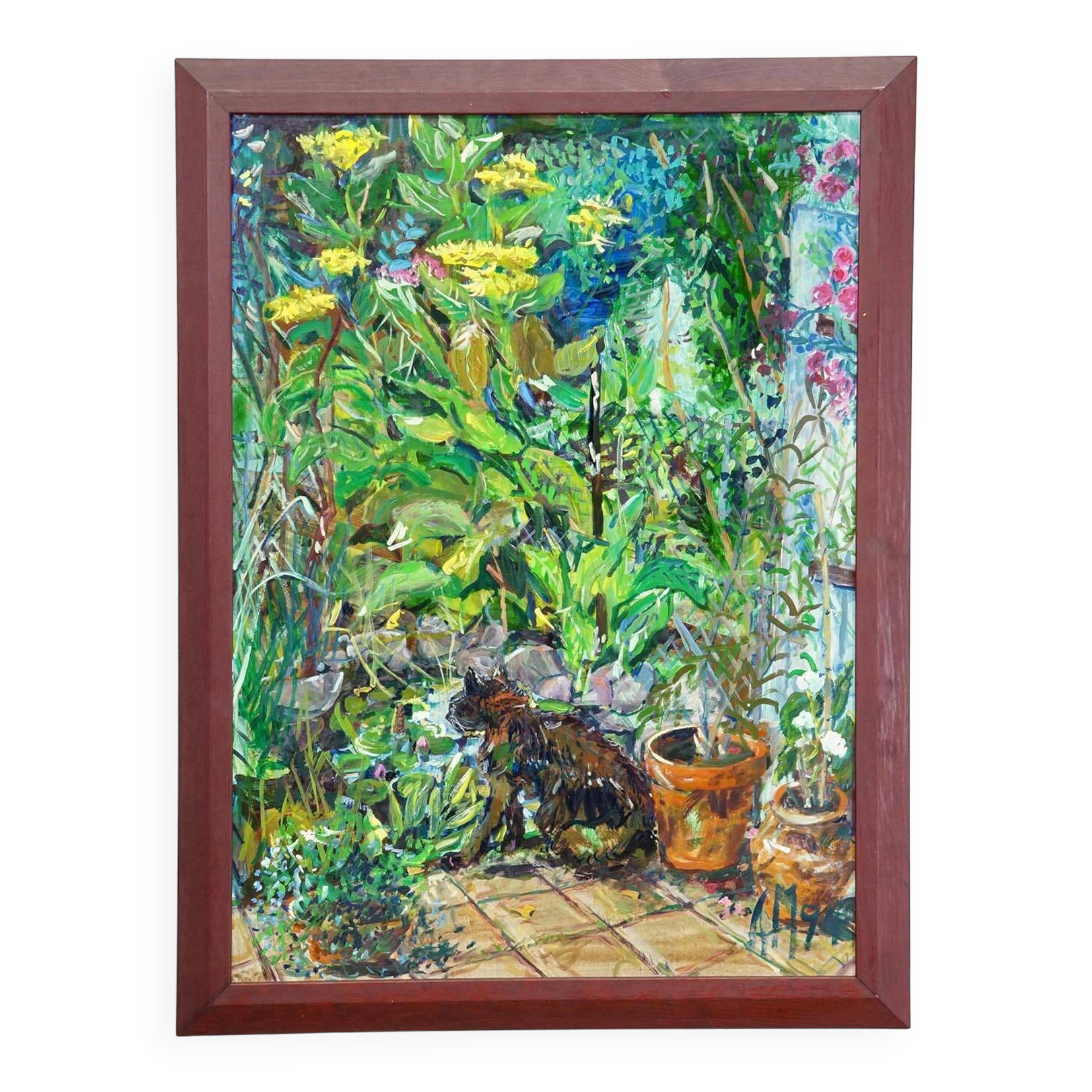Vintage impressionist oil painting of a garden, Alexander Michael 1994.
