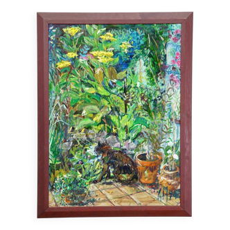 Vintage impressionist oil painting of a garden, Alexander Michael 1994.