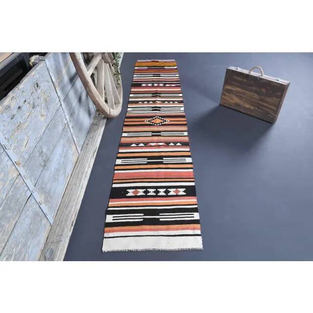 Vintage Turkish Oushak Handmade Wool Cotton White Kilim Runner Rug 60x295