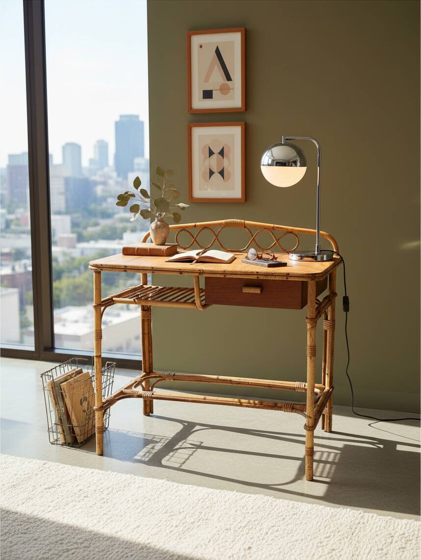 Vintage rattan and bamboo desk or dressing table (81x47 cm) – Riviera style,