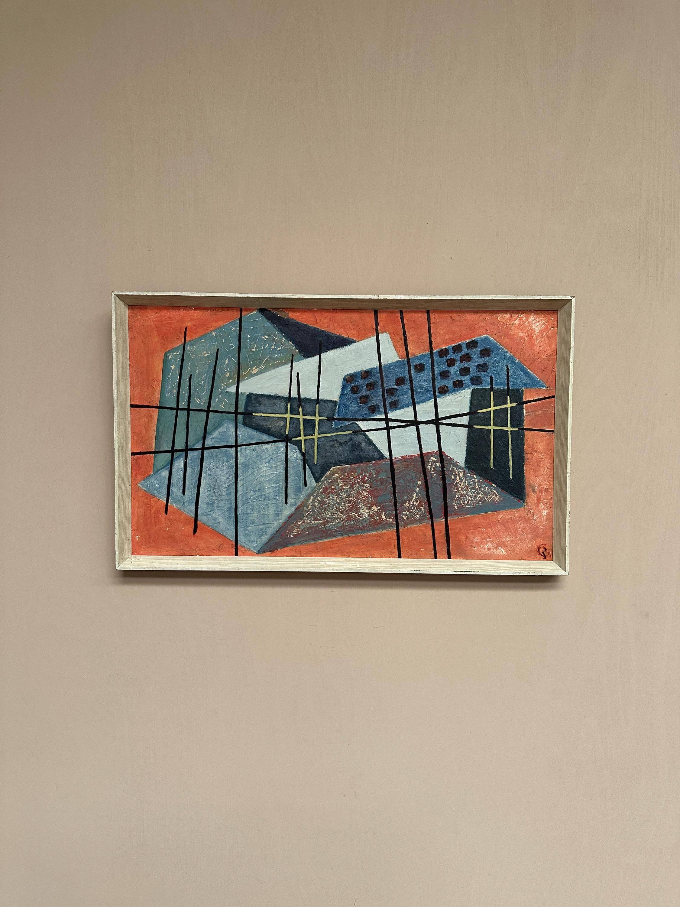 Original Swedish Abstract Oil on Panel – “Roofscape” – Signed – Vintage