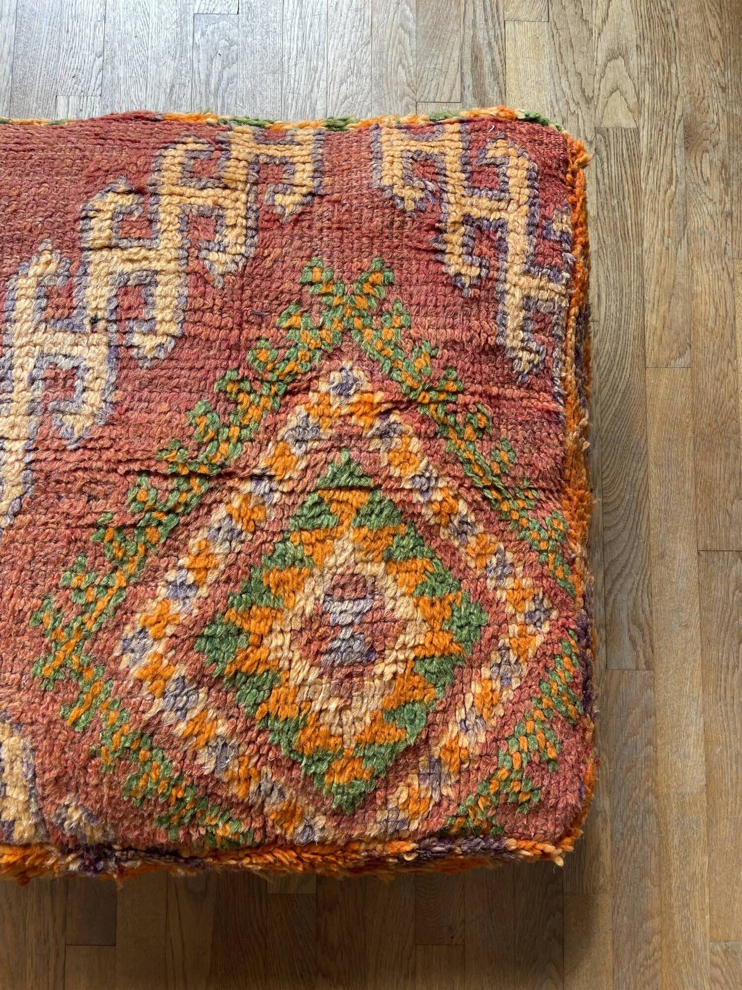 Moroccan Berber pouf colorful terracotta orange and bohemian green
