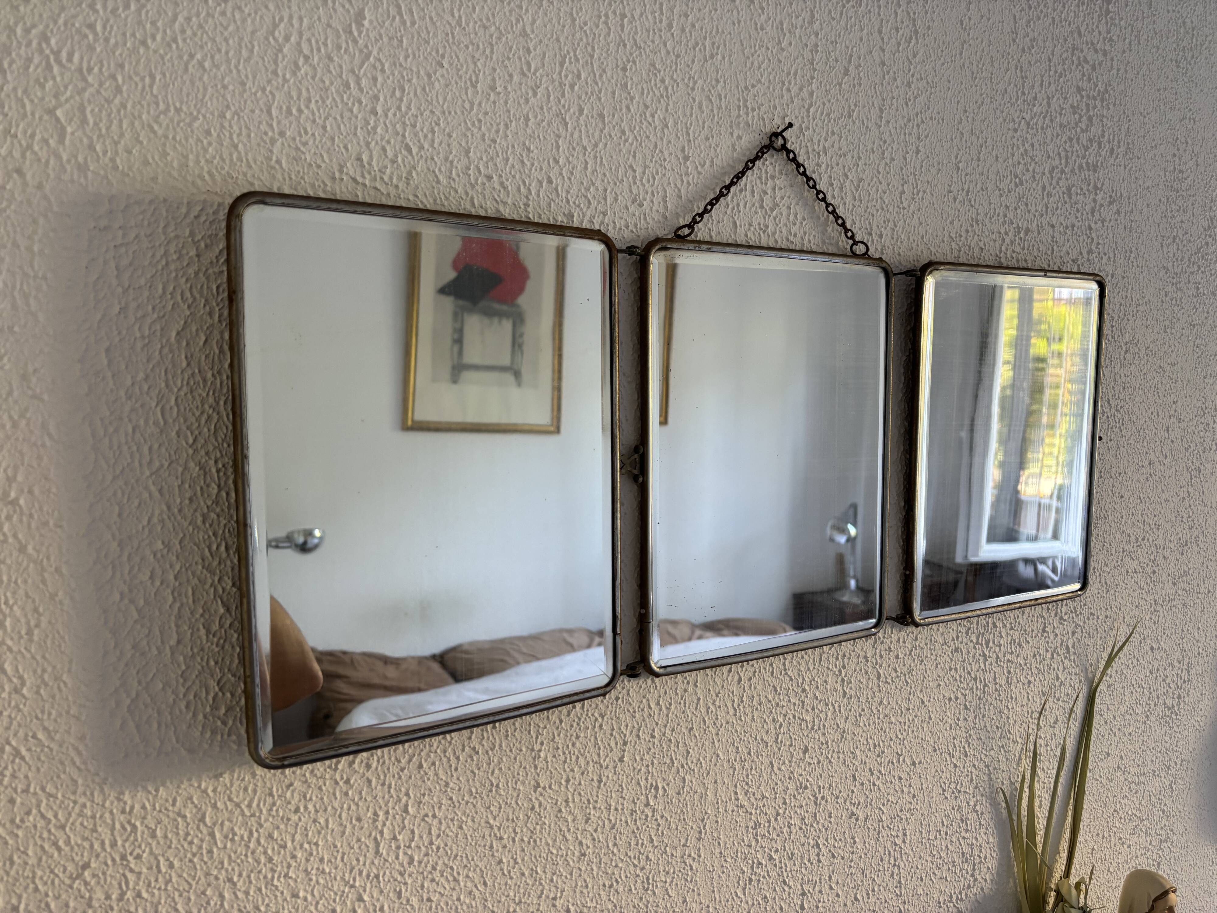 Miroir vintage 1900 triptyque barbier biseauté simili cuir matelassé - 27 x