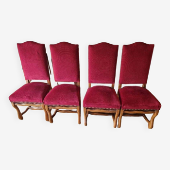 Ensemble de 4 chaises style Louis XIII en velours Bordeaux