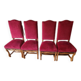 Ensemble de 4 chaises style Louis XIII en velours Bordeaux