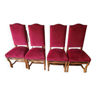 Set of 4 Louis XIII style chairs in Bordeaux velvet