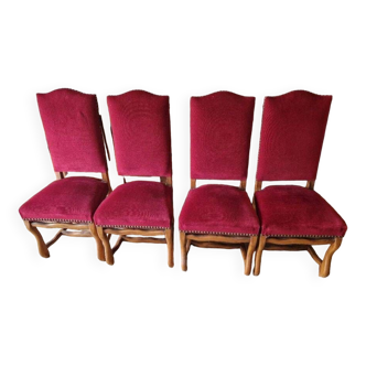 Ensemble de 4 chaises style Louis XIII en velours Bordeaux