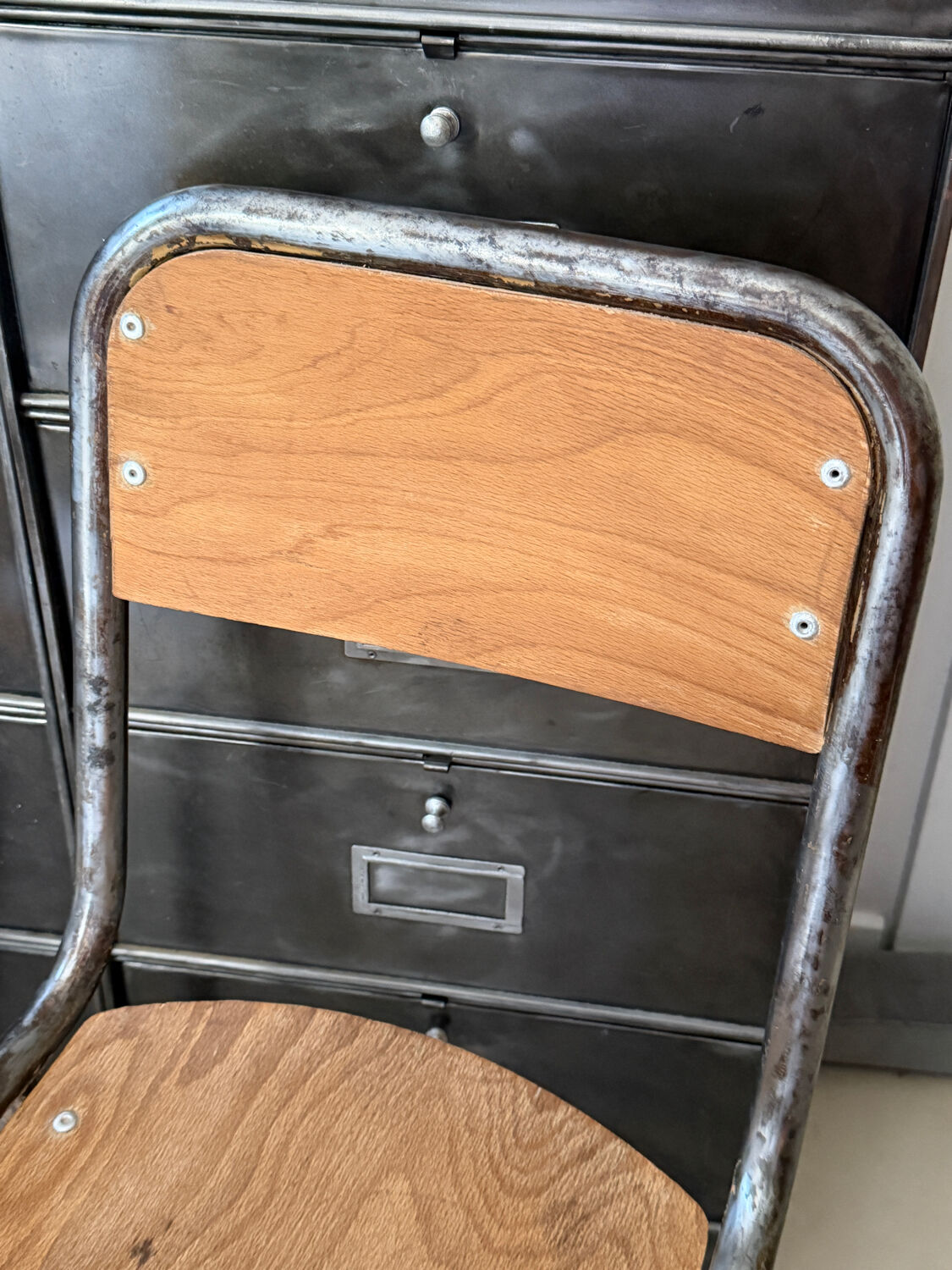 Pair of vintage adult school chairs in patinated metal