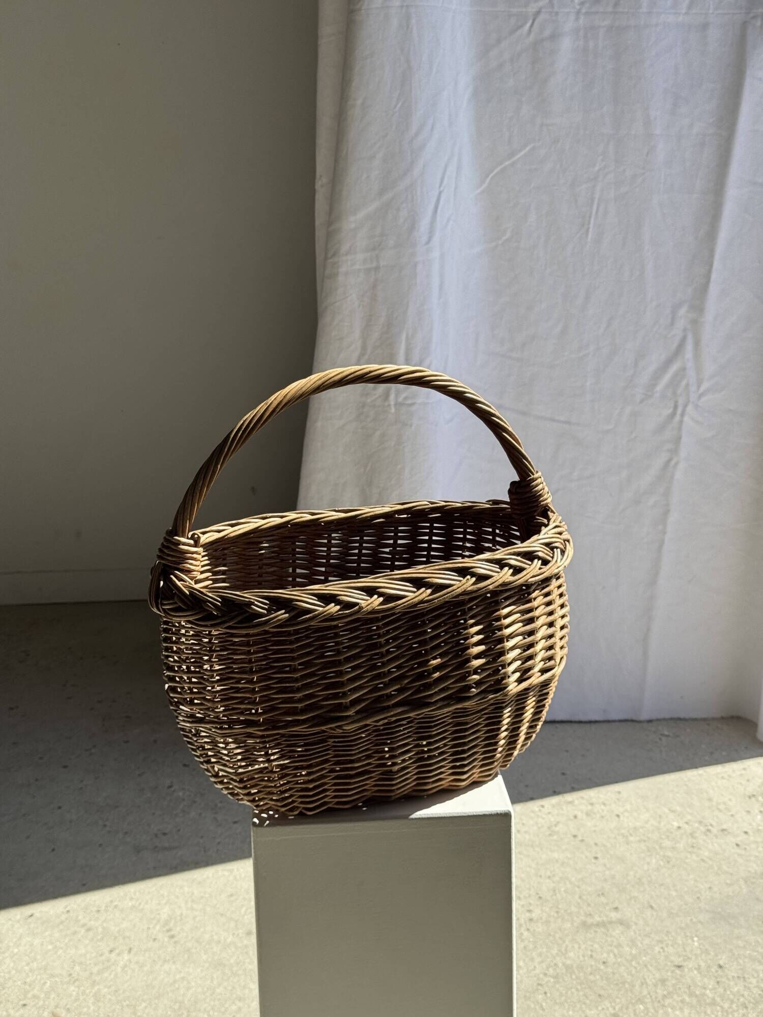 Large antique woven wicker basket with handle H45 L43 D25