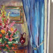 Blue interior with bouquet, oil on canvas signed Gisèle Renaut.