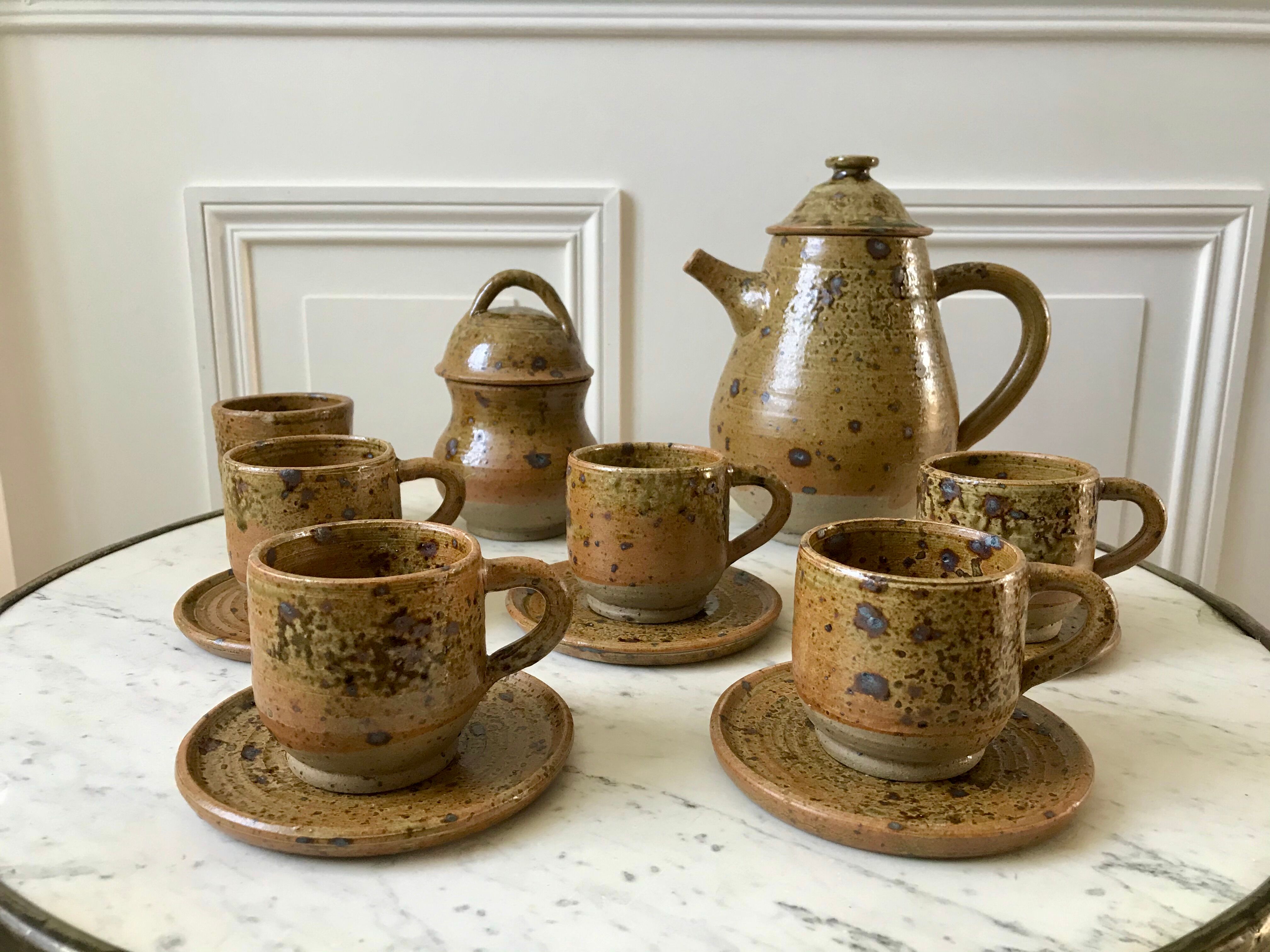 coffee service 6 cups and saucers, teapot and sugar bowl in ceramic / pottery / stoneware years 50-6